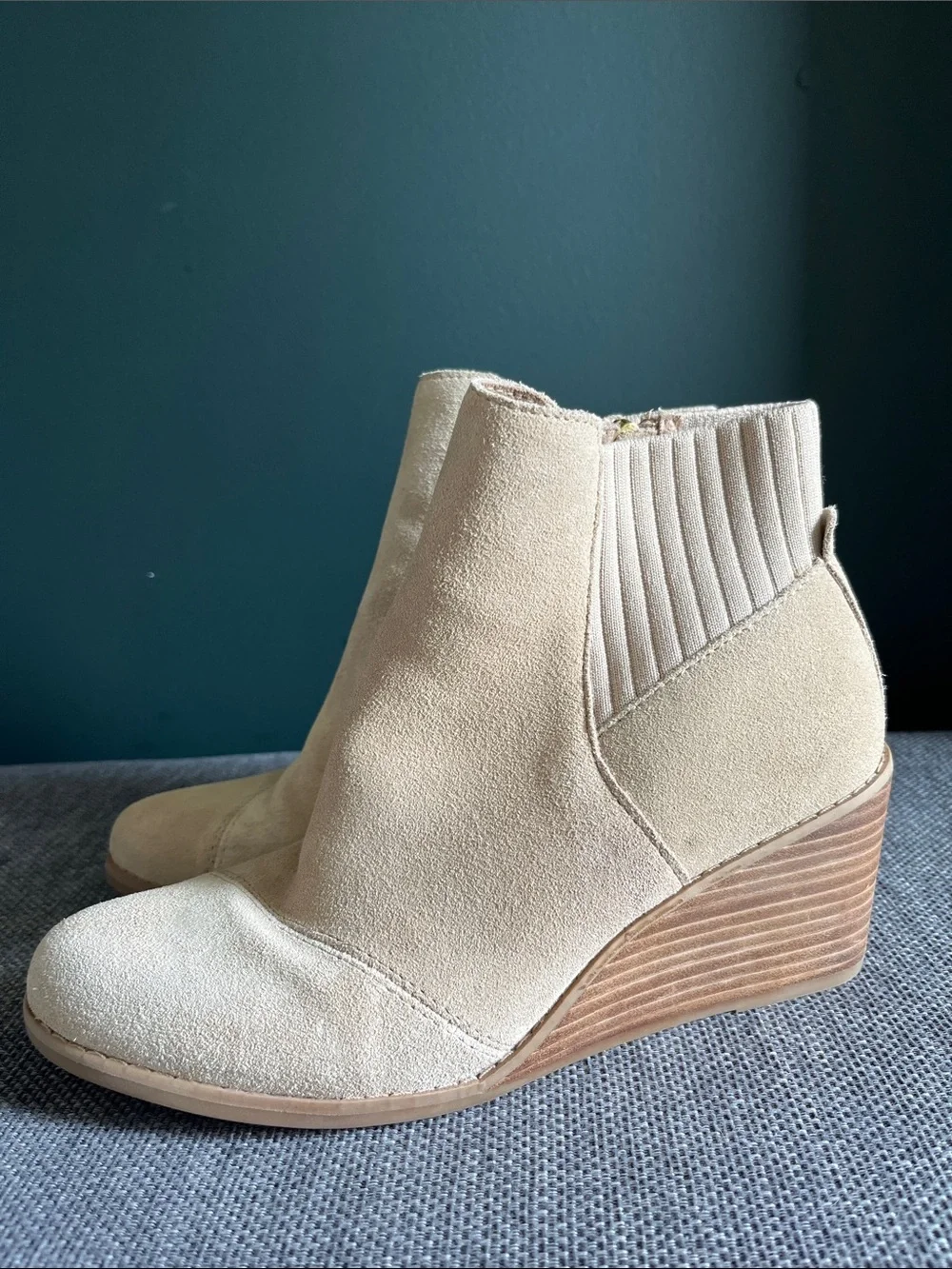 Toms Beige Faux Suede Wedge Ankle Boots